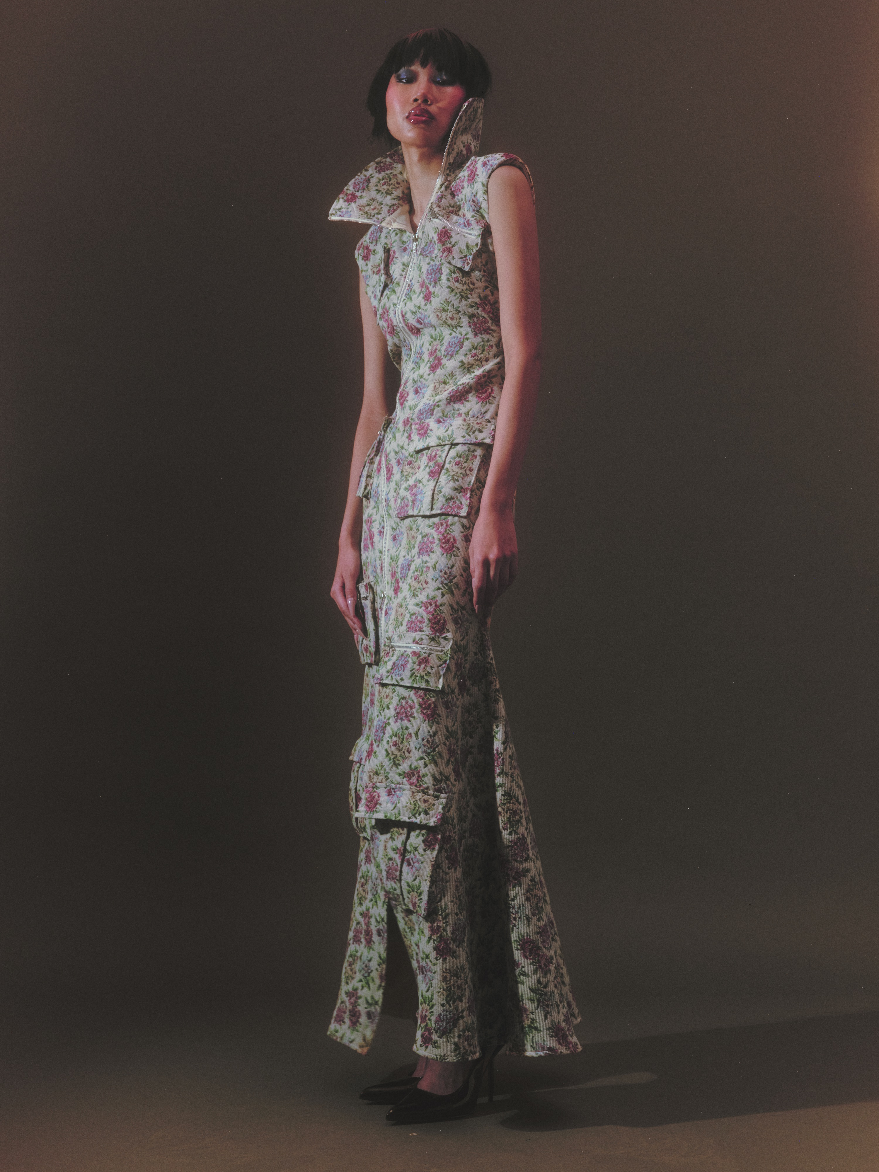 Floral high collar dress editorial