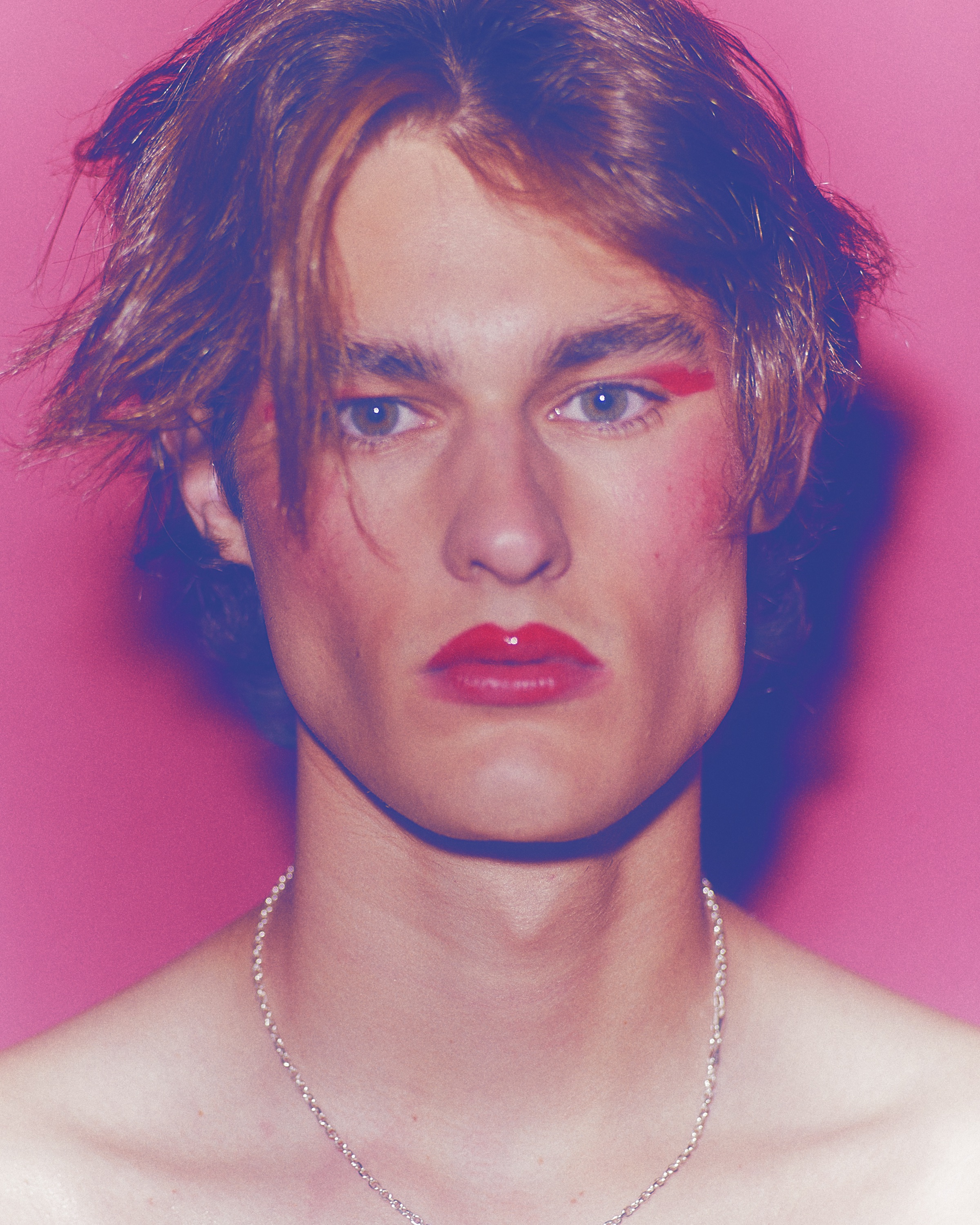 Red lipstick striping paint portrait